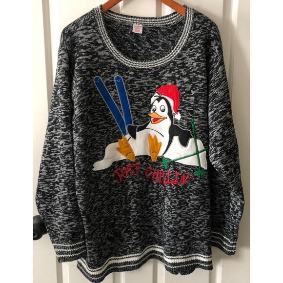 Women's 4XL Winter Just Chillin Penguin Skiing Sweater Blk & Gray - Picture 1 of 7